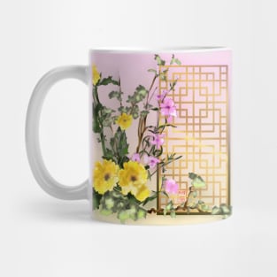 Yellow sumiE watercolor flowers with a chinese lattice Mug